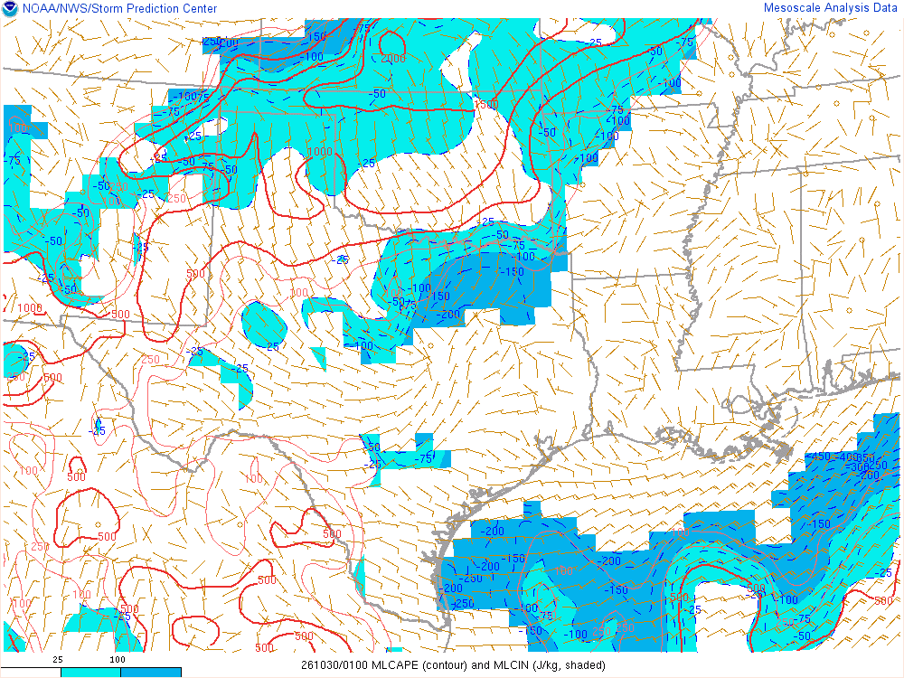 SPC mesoanalysis map, Mixed-layer CAPE and CIN, Southern Plains region, analysis for 01Z. Its key and units are in SPC’s picture; what it shows is described beside it.