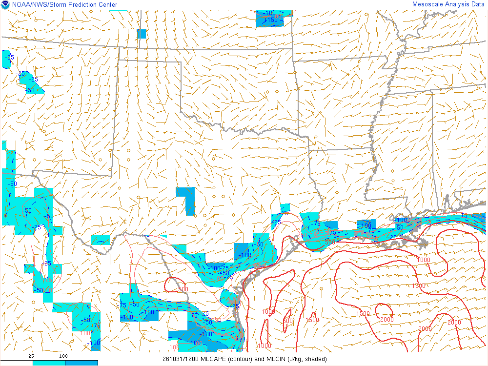 SPC mesoanalysis map, Mixed-layer CAPE and CIN, Southern Plains region, analysis for 12Z. Its key and units are in SPC’s picture; what it shows is described beside it.