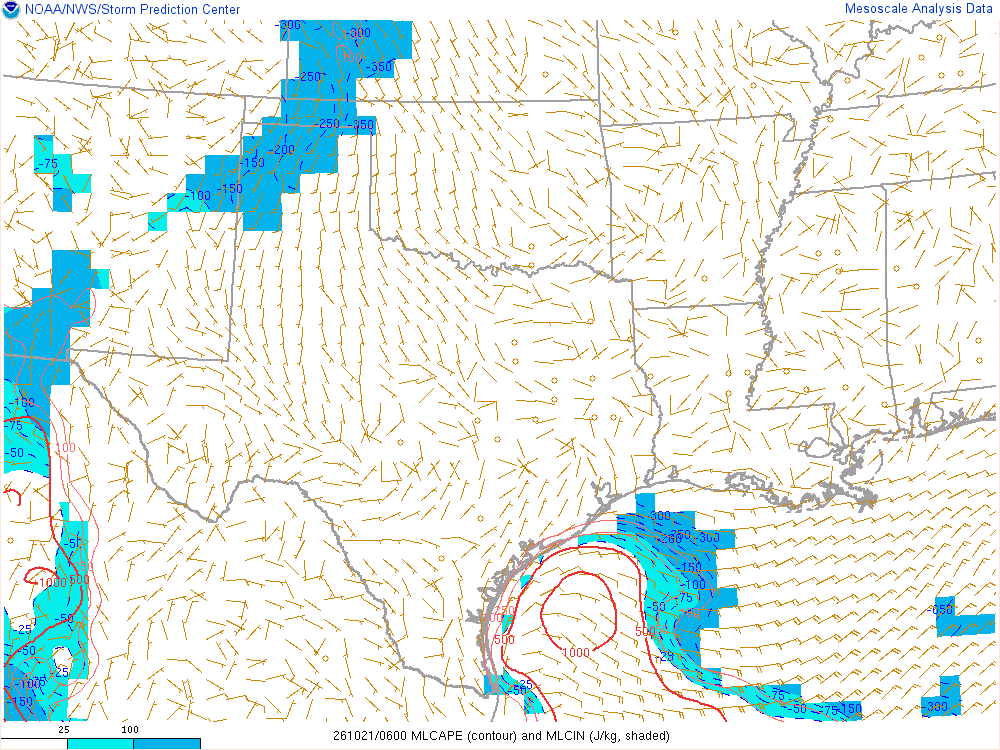 SPC mesoanalysis map, Mixed-layer CAPE and CIN, Southern Plains region, analysis for 06Z. Its key and units are in SPC’s picture; what it shows is described beside it.