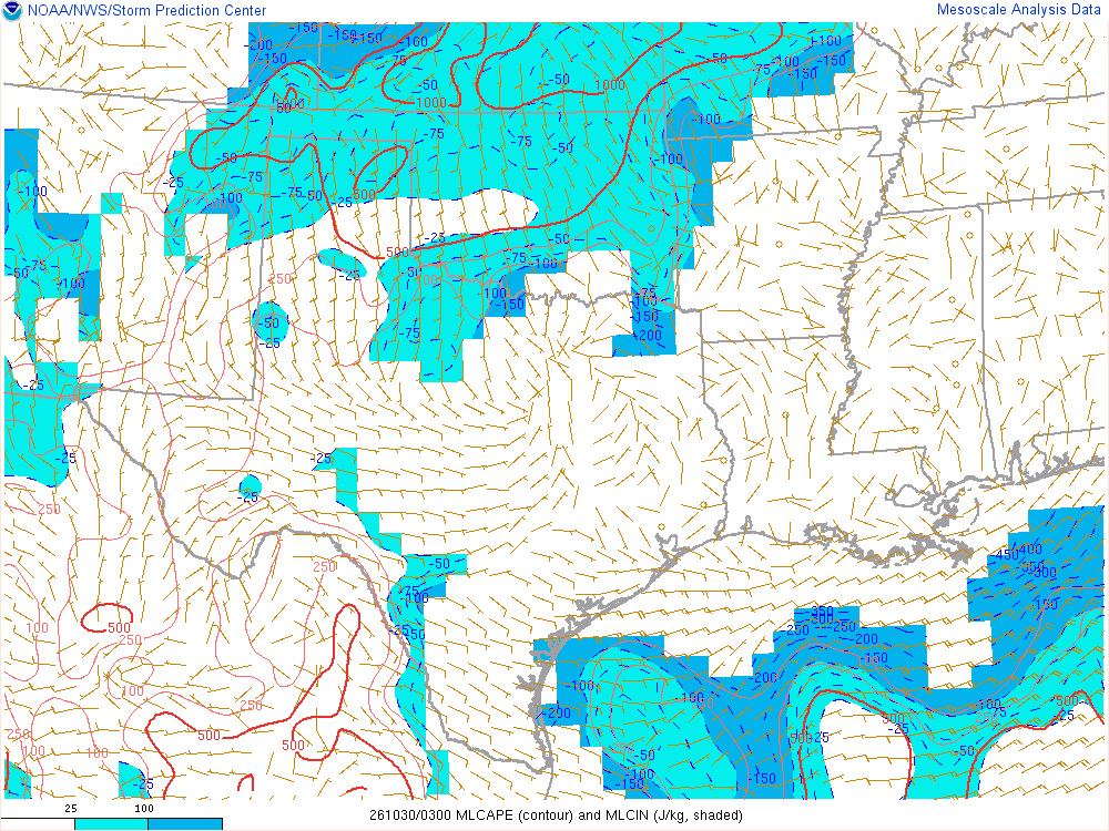 SPC mesoanalysis map, Mixed-layer CAPE and CIN, Southern Plains region, analysis for 03Z. Its key and units are in SPC’s picture; what it shows is described beside it.