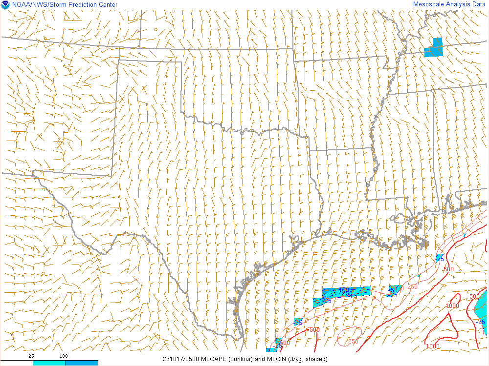 SPC mesoanalysis map, Mixed-layer CAPE and CIN, Southern Plains region, analysis for 05Z. Its key and units are in SPC’s picture; what it shows is described beside it.
