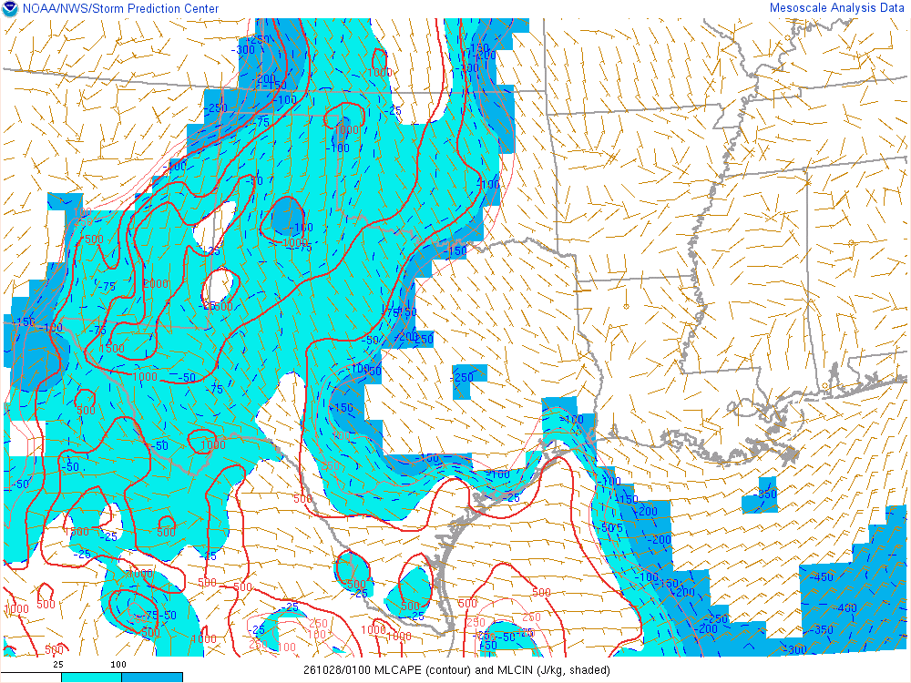 SPC mesoanalysis map, Mixed-layer CAPE and CIN, Southern Plains region, analysis for 01Z. Its key and units are in SPC’s picture; what it shows is described beside it.