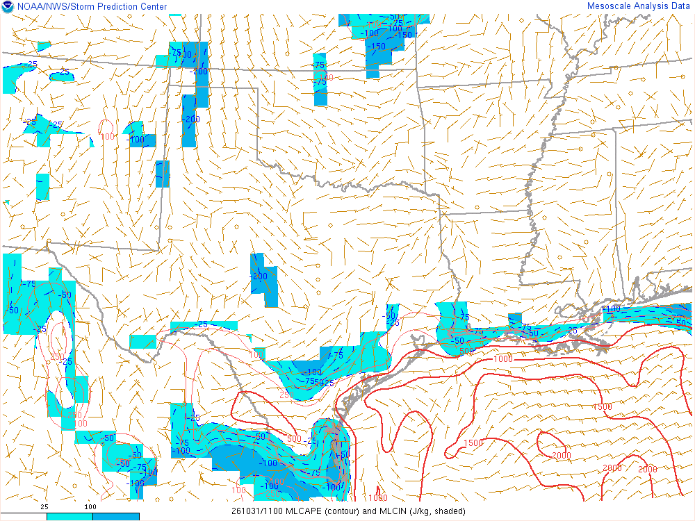 SPC mesoanalysis map, Mixed-layer CAPE and CIN, Southern Plains region, analysis for 11Z. Its key and units are in SPC’s picture; what it shows is described beside it.