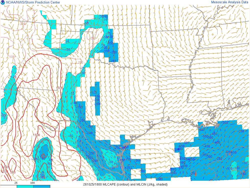 SPC mesoanalysis map, Mixed-layer CAPE and CIN, Southern Plains region, analysis for 18Z. Its key and units are in SPC’s picture; what it shows is described beside it.