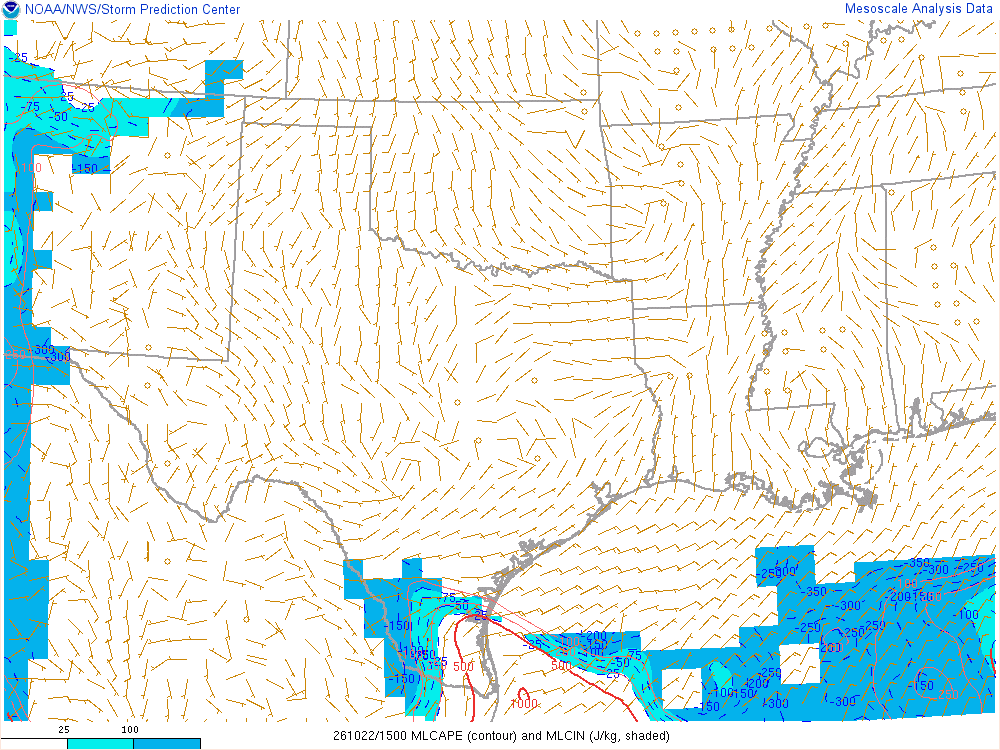 SPC mesoanalysis map, Mixed-layer CAPE and CIN, Southern Plains region, analysis for 15Z. Its key and units are in SPC’s picture; what it shows is described beside it.