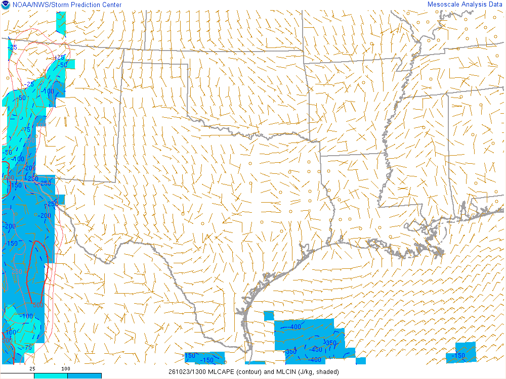 SPC mesoanalysis map, Mixed-layer CAPE and CIN, Southern Plains region, analysis for 13Z. Its key and units are in SPC’s picture; what it shows is described beside it.