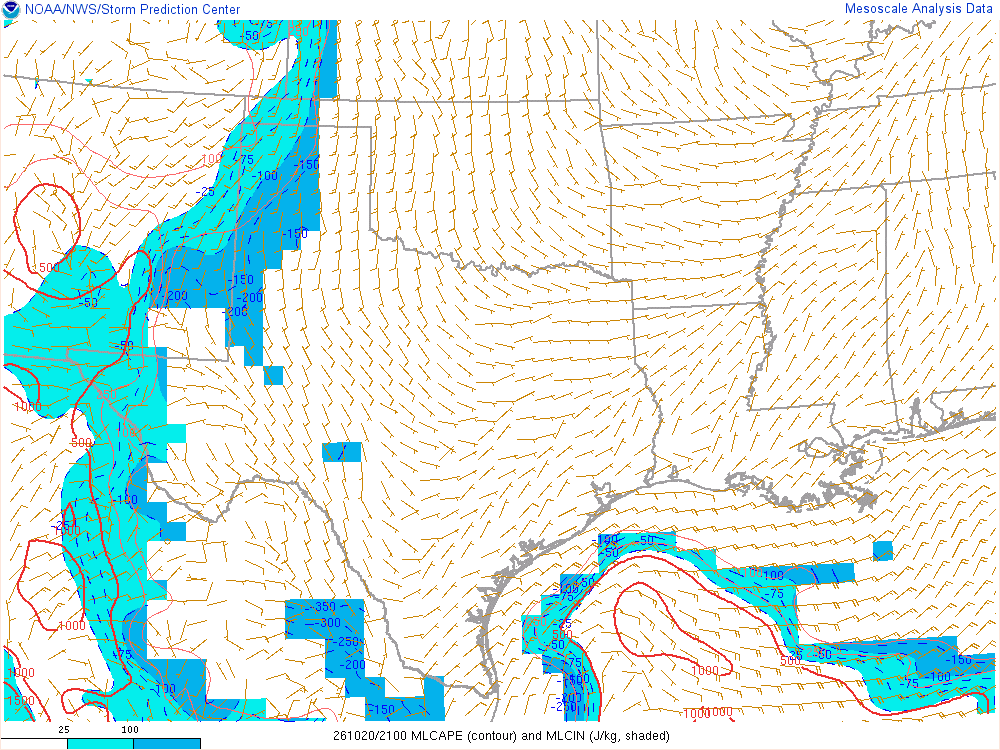 SPC mesoanalysis map, Mixed-layer CAPE and CIN, Southern Plains region, analysis for 21Z. Its key and units are in SPC’s picture; what it shows is described beside it.