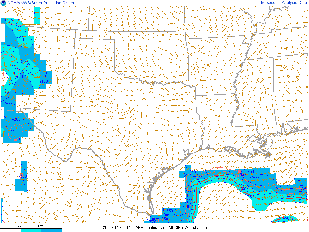 SPC mesoanalysis map, Mixed-layer CAPE and CIN, Southern Plains region, analysis for 12Z. Its key and units are in SPC’s picture; what it shows is described beside it.