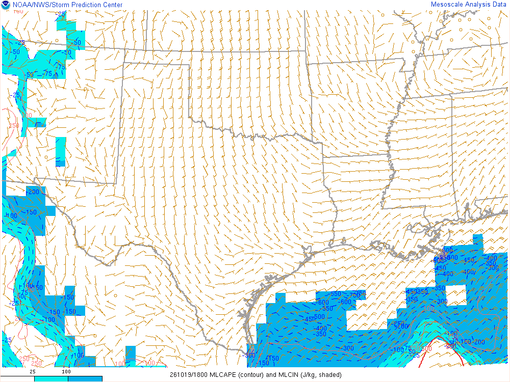 SPC mesoanalysis map, Mixed-layer CAPE and CIN, Southern Plains region, analysis for 18Z. Its key and units are in SPC’s picture; what it shows is described beside it.