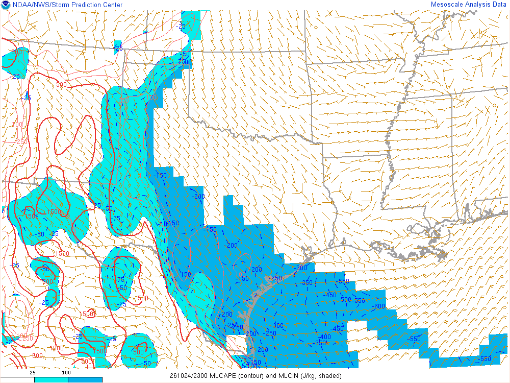 SPC mesoanalysis map, Mixed-layer CAPE and CIN, Southern Plains region, analysis for 23Z. Its key and units are in SPC’s picture; what it shows is described beside it.