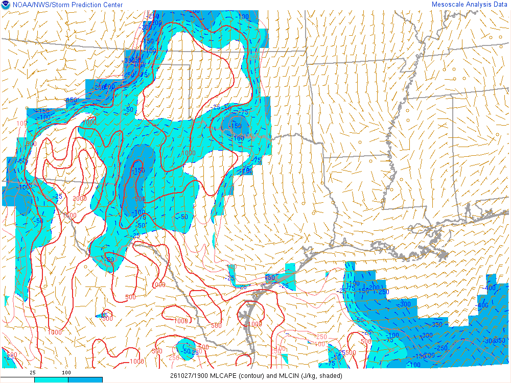 SPC mesoanalysis map, Mixed-layer CAPE and CIN, Southern Plains region, analysis for 19Z. Its key and units are in SPC’s picture; what it shows is described beside it.
