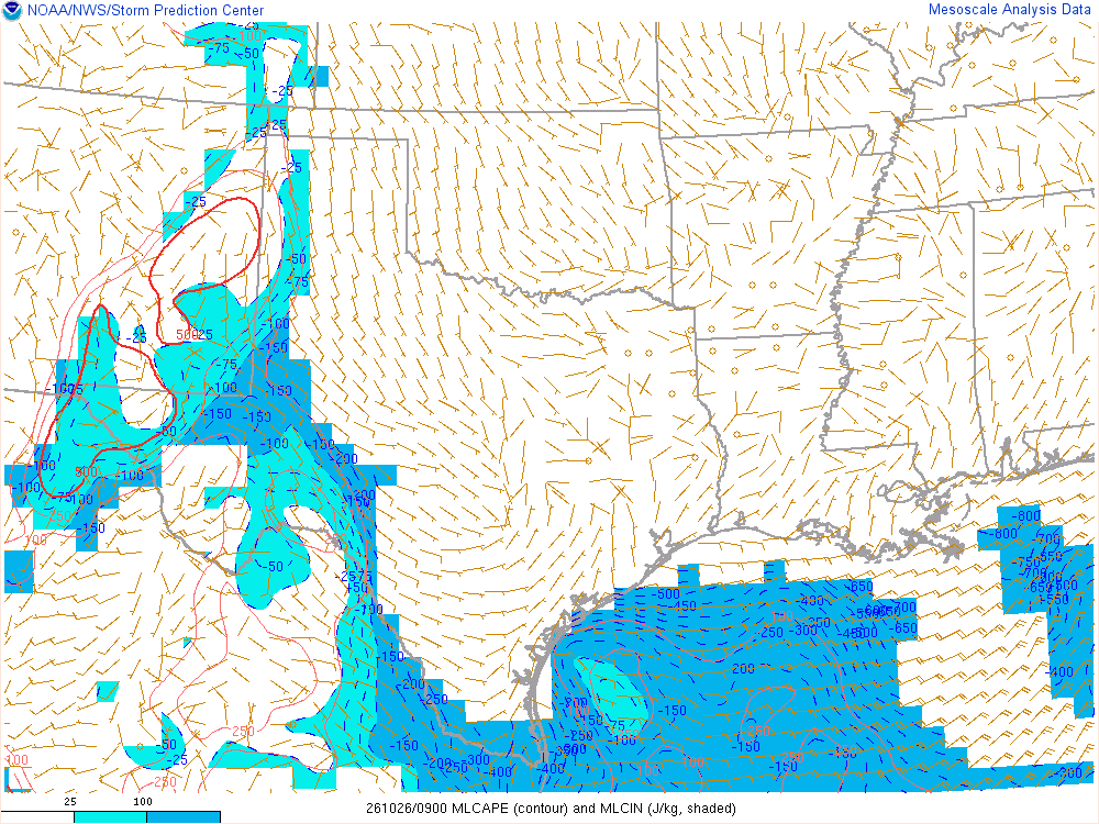 SPC mesoanalysis map, Mixed-layer CAPE and CIN, Southern Plains region, analysis for 09Z. Its key and units are in SPC’s picture; what it shows is described beside it.