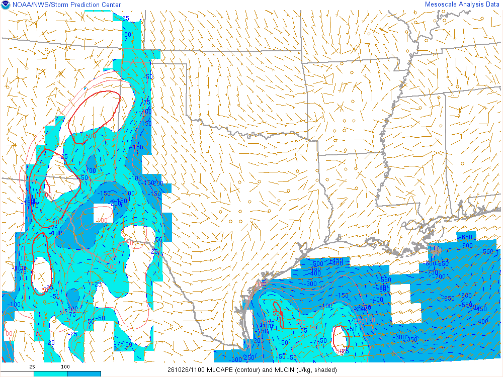 SPC mesoanalysis map, Mixed-layer CAPE and CIN, Southern Plains region, analysis for 11Z. Its key and units are in SPC’s picture; what it shows is described beside it.