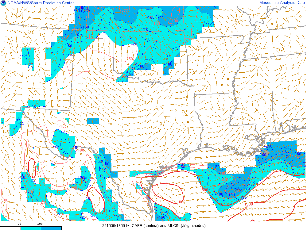 SPC mesoanalysis map, Mixed-layer CAPE and CIN, Southern Plains region, analysis for 12Z. Its key and units are in SPC’s picture; what it shows is described beside it.