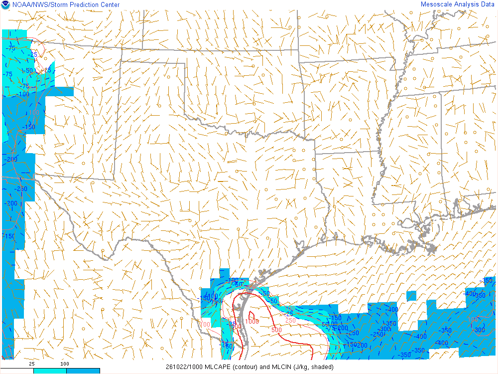 SPC mesoanalysis map, Mixed-layer CAPE and CIN, Southern Plains region, analysis for 10Z. Its key and units are in SPC’s picture; what it shows is described beside it.