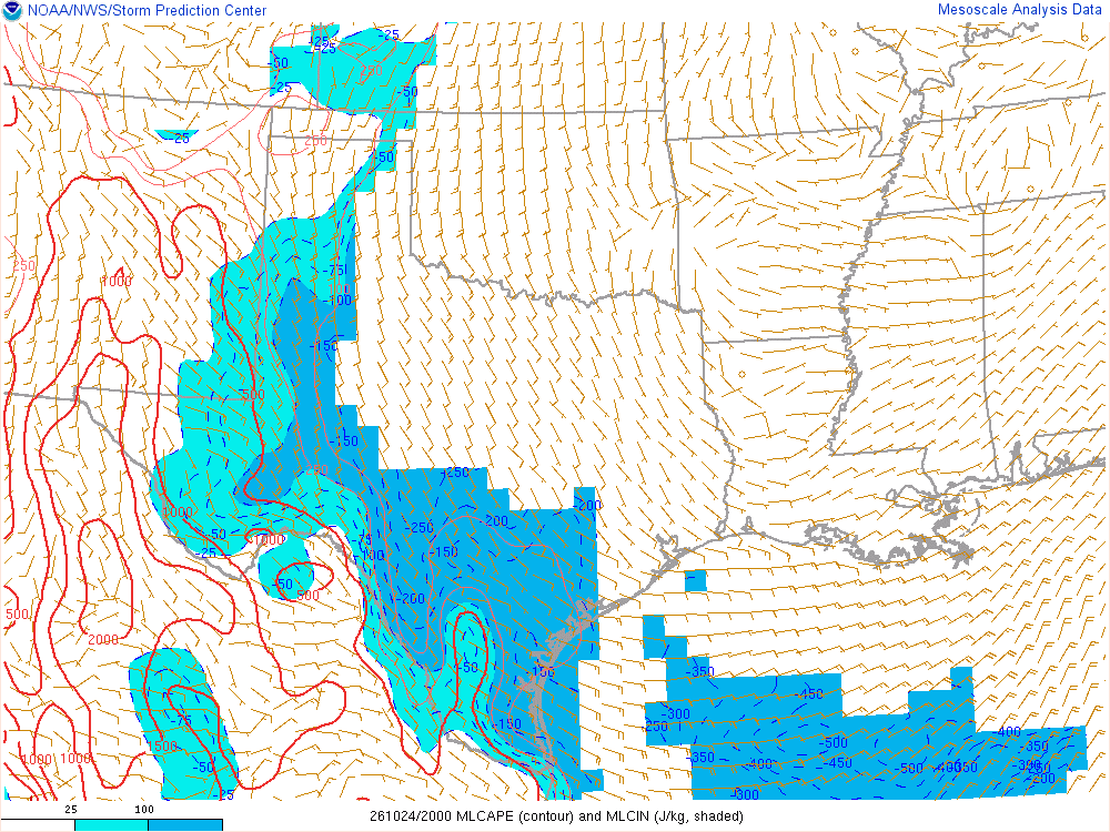SPC mesoanalysis map, Mixed-layer CAPE and CIN, Southern Plains region, analysis for 20Z. Its key and units are in SPC’s picture; what it shows is described beside it.