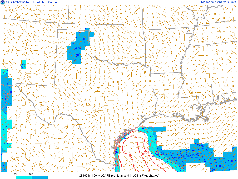 SPC mesoanalysis map, Mixed-layer CAPE and CIN, Southern Plains region, analysis for 11Z. Its key and units are in SPC’s picture; what it shows is described beside it.