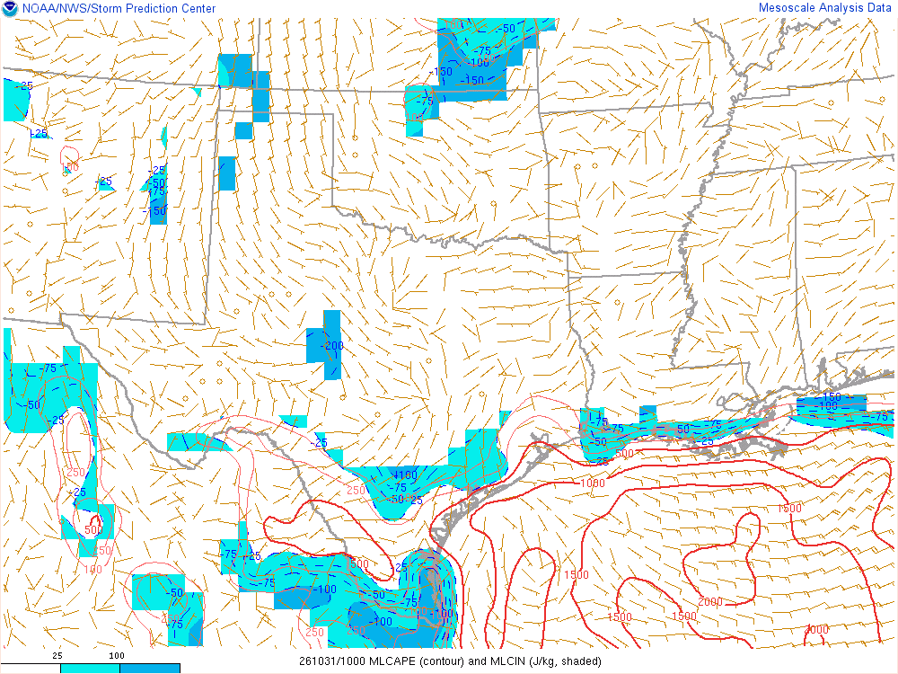 SPC mesoanalysis map, Mixed-layer CAPE and CIN, Southern Plains region, analysis for 10Z. Its key and units are in SPC’s picture; what it shows is described beside it.