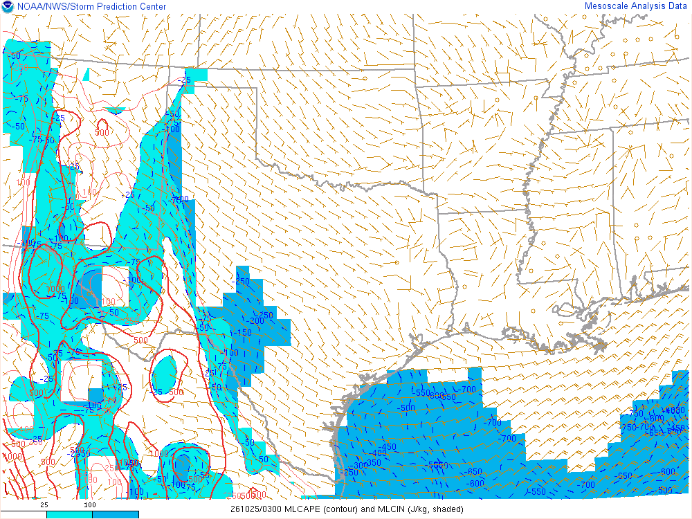 SPC mesoanalysis map, Mixed-layer CAPE and CIN, Southern Plains region, analysis for 03Z. Its key and units are in SPC’s picture; what it shows is described beside it.