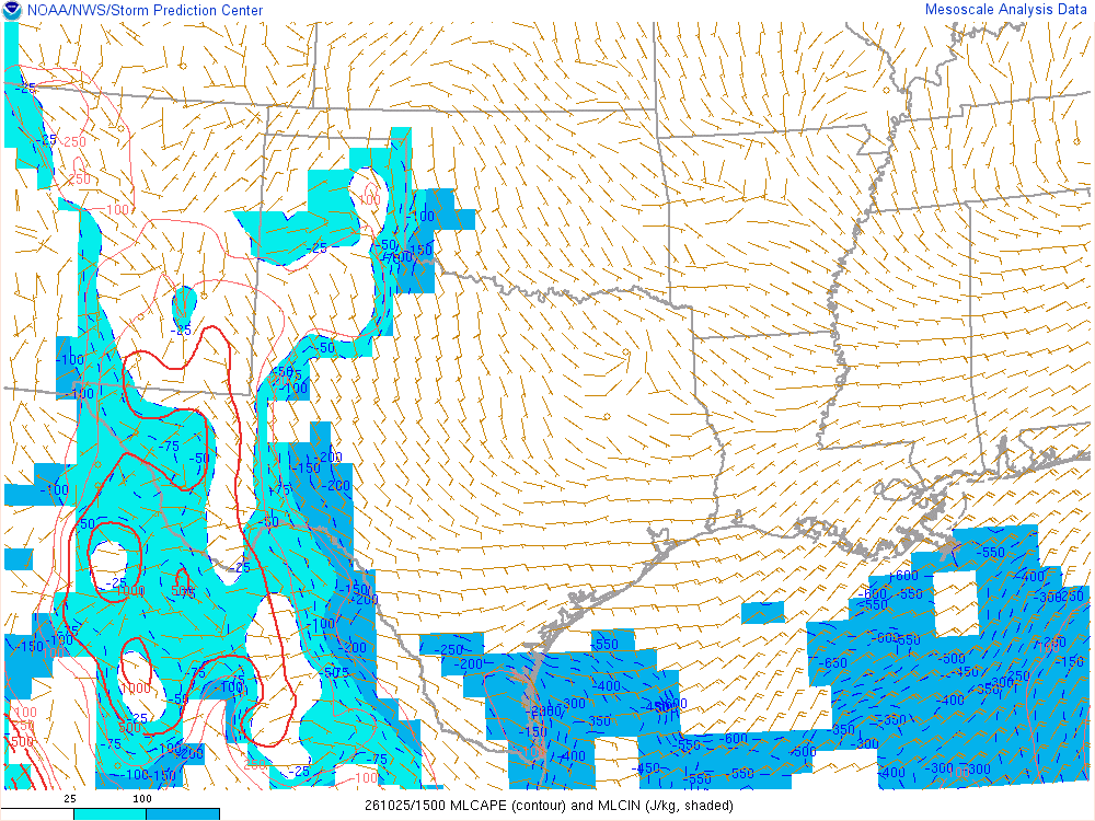 SPC mesoanalysis map, Mixed-layer CAPE and CIN, Southern Plains region, analysis for 15Z. Its key and units are in SPC’s picture; what it shows is described beside it.