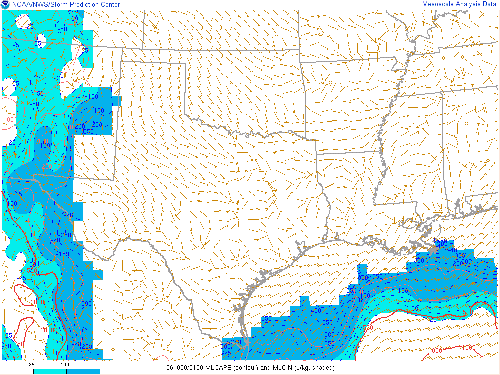SPC mesoanalysis map, Mixed-layer CAPE and CIN, Southern Plains region, analysis for 01Z. Its key and units are in SPC’s picture; what it shows is described beside it.