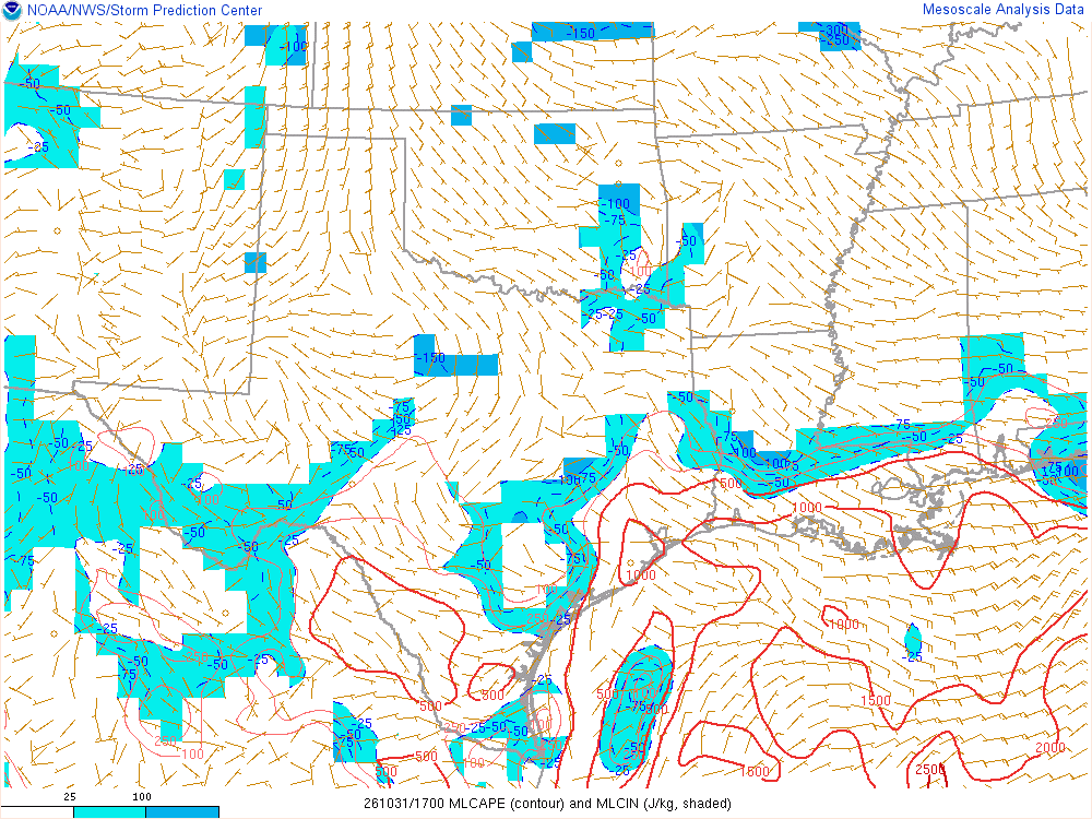 SPC mesoanalysis map, Mixed-layer CAPE and CIN, Southern Plains region, analysis for 17Z. Its key and units are in SPC’s picture; what it shows is described beside it.