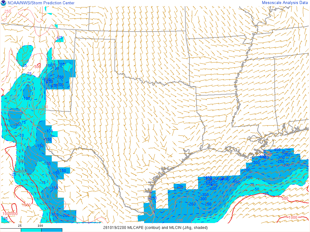 SPC mesoanalysis map, Mixed-layer CAPE and CIN, Southern Plains region, analysis for 22Z. Its key and units are in SPC’s picture; what it shows is described beside it.