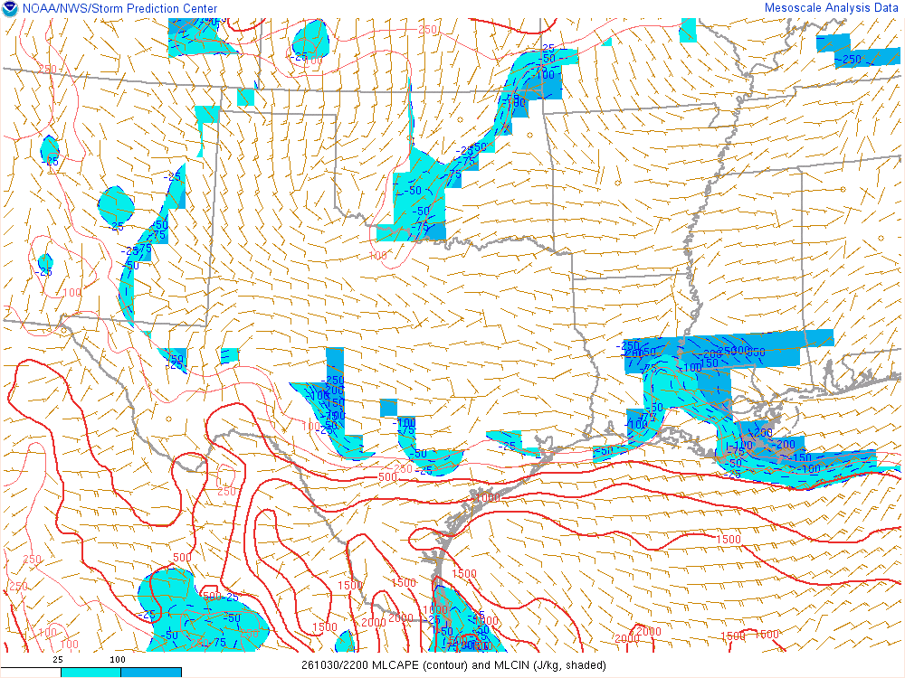 SPC mesoanalysis map, Mixed-layer CAPE and CIN, Southern Plains region, analysis for 22Z. Its key and units are in SPC’s picture; what it shows is described beside it.