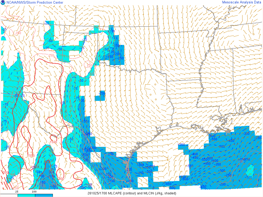 SPC mesoanalysis map, Mixed-layer CAPE and CIN, Southern Plains region, analysis for 17Z. Its key and units are in SPC’s picture; what it shows is described beside it.