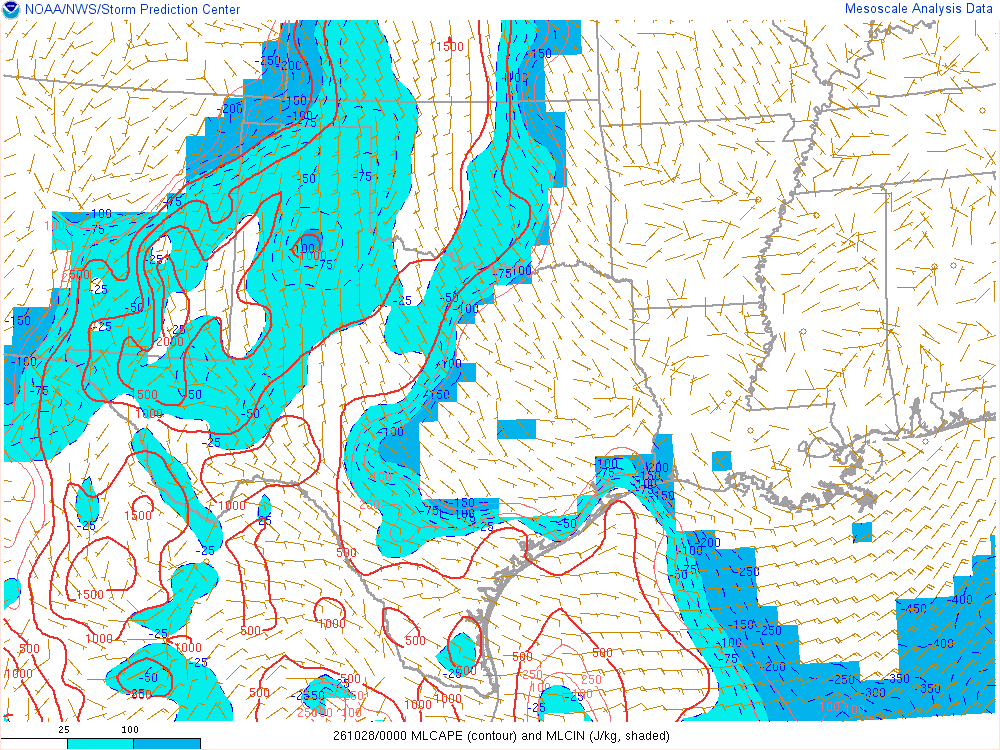SPC mesoanalysis map, Mixed-layer CAPE and CIN, Southern Plains region, analysis for 00Z. Its key and units are in SPC’s picture; what it shows is described beside it.