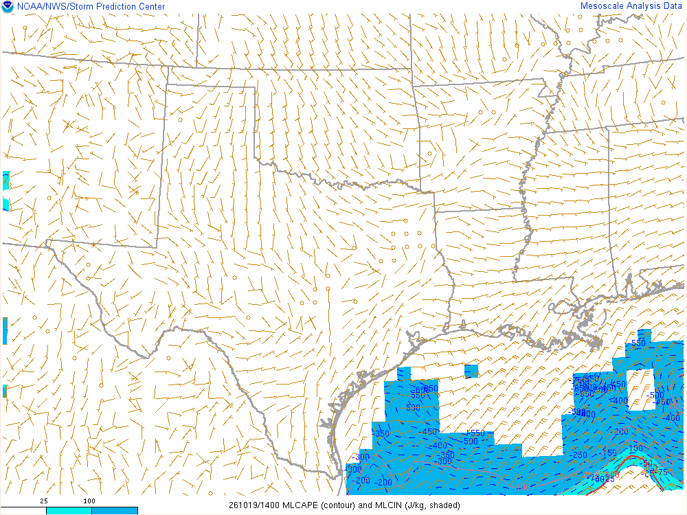 SPC mesoanalysis map, Mixed-layer CAPE and CIN, Southern Plains region, analysis for 14Z. Its key and units are in SPC’s picture; what it shows is described beside it.