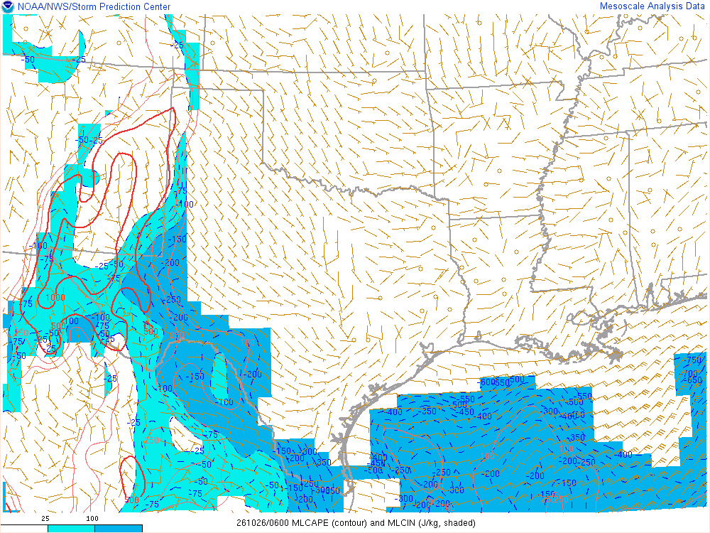 SPC mesoanalysis map, Mixed-layer CAPE and CIN, Southern Plains region, analysis for 06Z. Its key and units are in SPC’s picture; what it shows is described beside it.