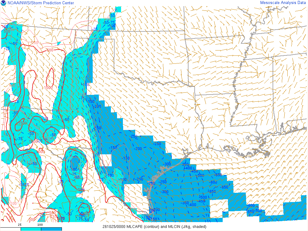 SPC mesoanalysis map, Mixed-layer CAPE and CIN, Southern Plains region, analysis for 00Z. Its key and units are in SPC’s picture; what it shows is described beside it.