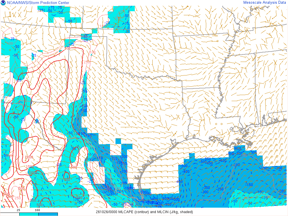 SPC mesoanalysis map, Mixed-layer CAPE and CIN, Southern Plains region, analysis for 00Z. Its key and units are in SPC’s picture; what it shows is described beside it.