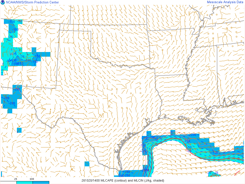 SPC mesoanalysis map, Mixed-layer CAPE and CIN, Southern Plains region, analysis for 14Z. Its key and units are in SPC’s picture; what it shows is described beside it.