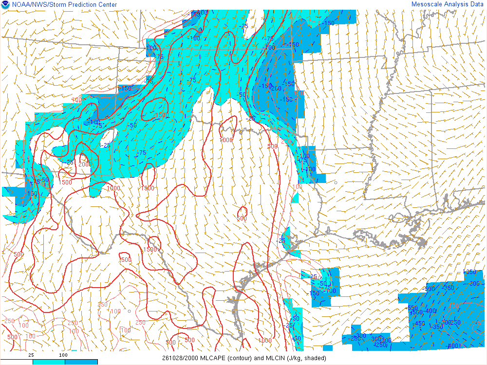 SPC mesoanalysis map, Mixed-layer CAPE and CIN, Southern Plains region, analysis for 20Z. Its key and units are in SPC’s picture; what it shows is described beside it.