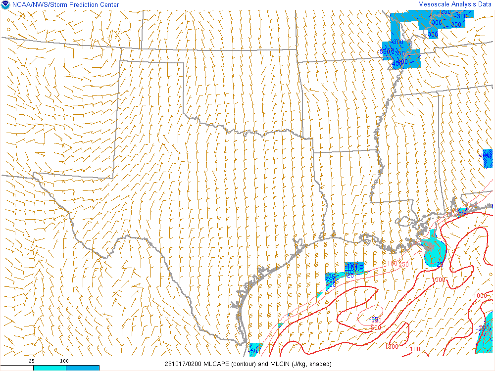 SPC mesoanalysis map, Mixed-layer CAPE and CIN, Southern Plains region, analysis for 02Z. Its key and units are in SPC’s picture; what it shows is described beside it.