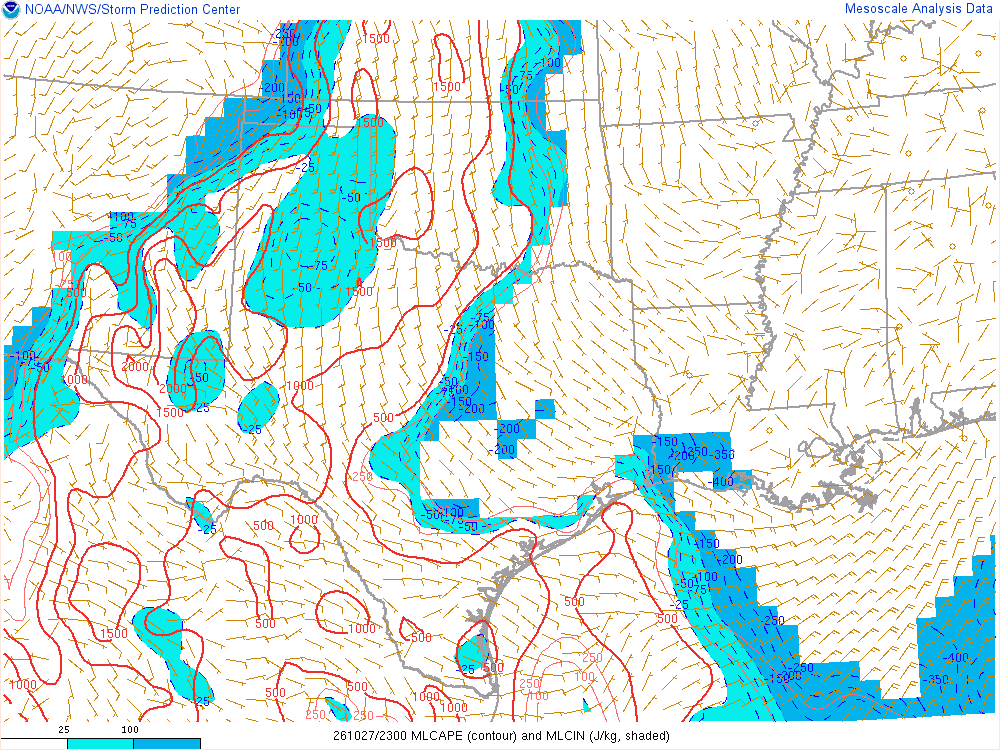 SPC mesoanalysis map, Mixed-layer CAPE and CIN, Southern Plains region, analysis for 23Z. Its key and units are in SPC’s picture; what it shows is described beside it.
