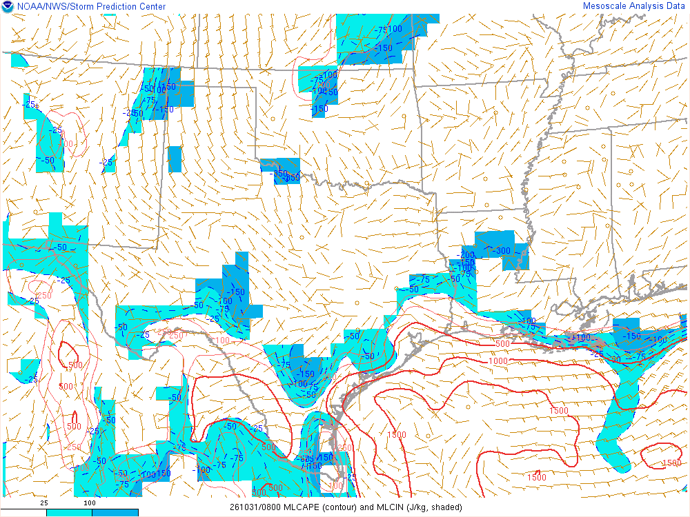 SPC mesoanalysis map, Mixed-layer CAPE and CIN, Southern Plains region, analysis for 08Z. Its key and units are in SPC’s picture; what it shows is described beside it.