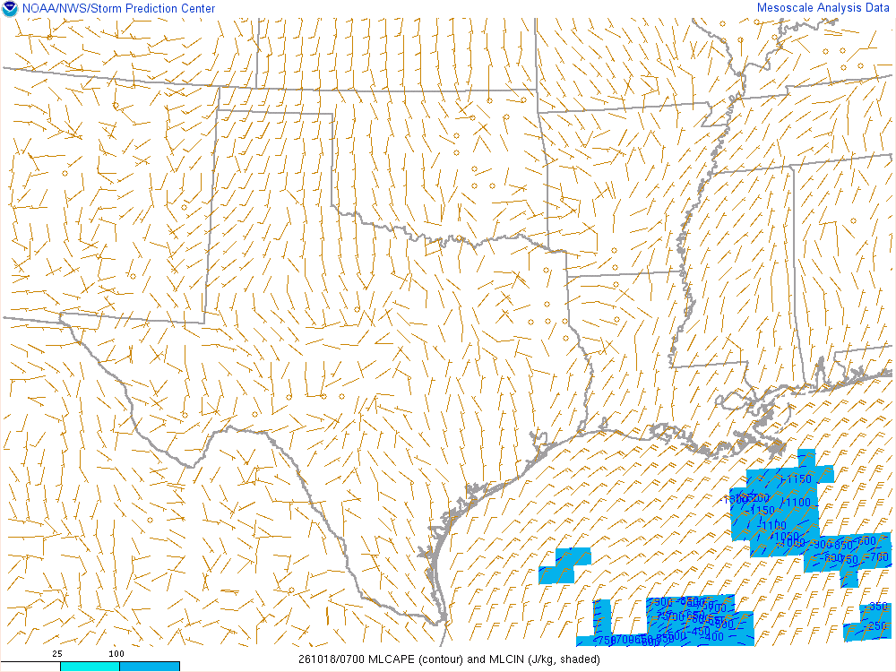 SPC mesoanalysis map, Mixed-layer CAPE and CIN, Southern Plains region, analysis for 07Z. Its key and units are in SPC’s picture; what it shows is described beside it.