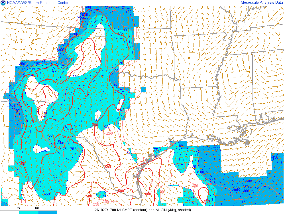 SPC mesoanalysis map, Mixed-layer CAPE and CIN, Southern Plains region, analysis for 17Z. Its key and units are in SPC’s picture; what it shows is described beside it.