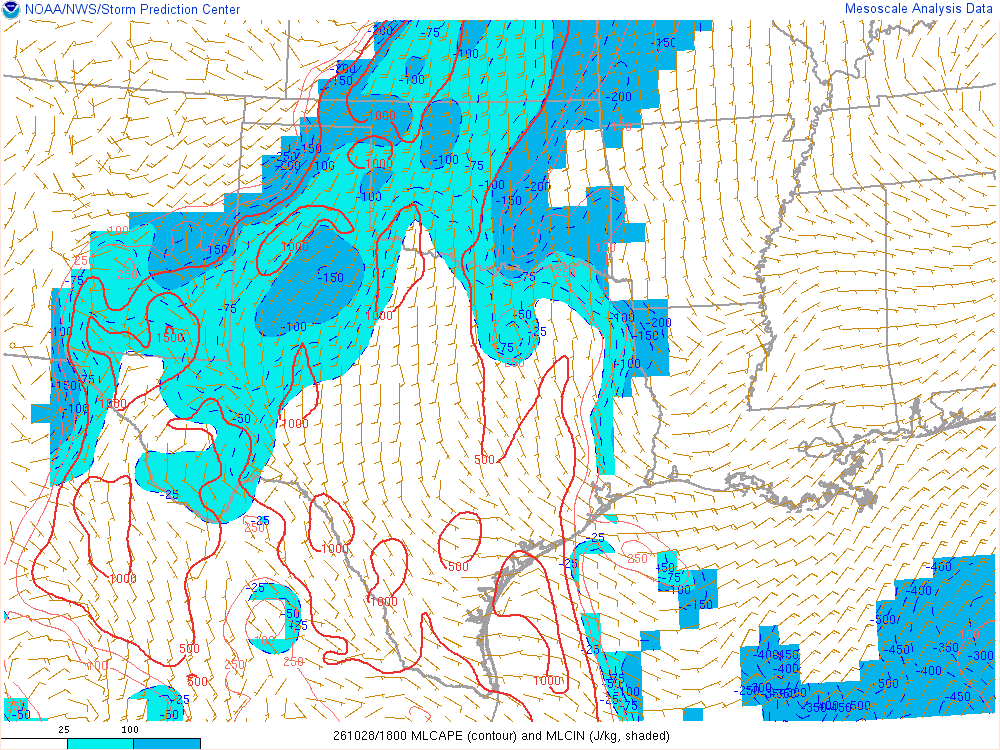 SPC mesoanalysis map, Mixed-layer CAPE and CIN, Southern Plains region, analysis for 18Z. Its key and units are in SPC’s picture; what it shows is described beside it.