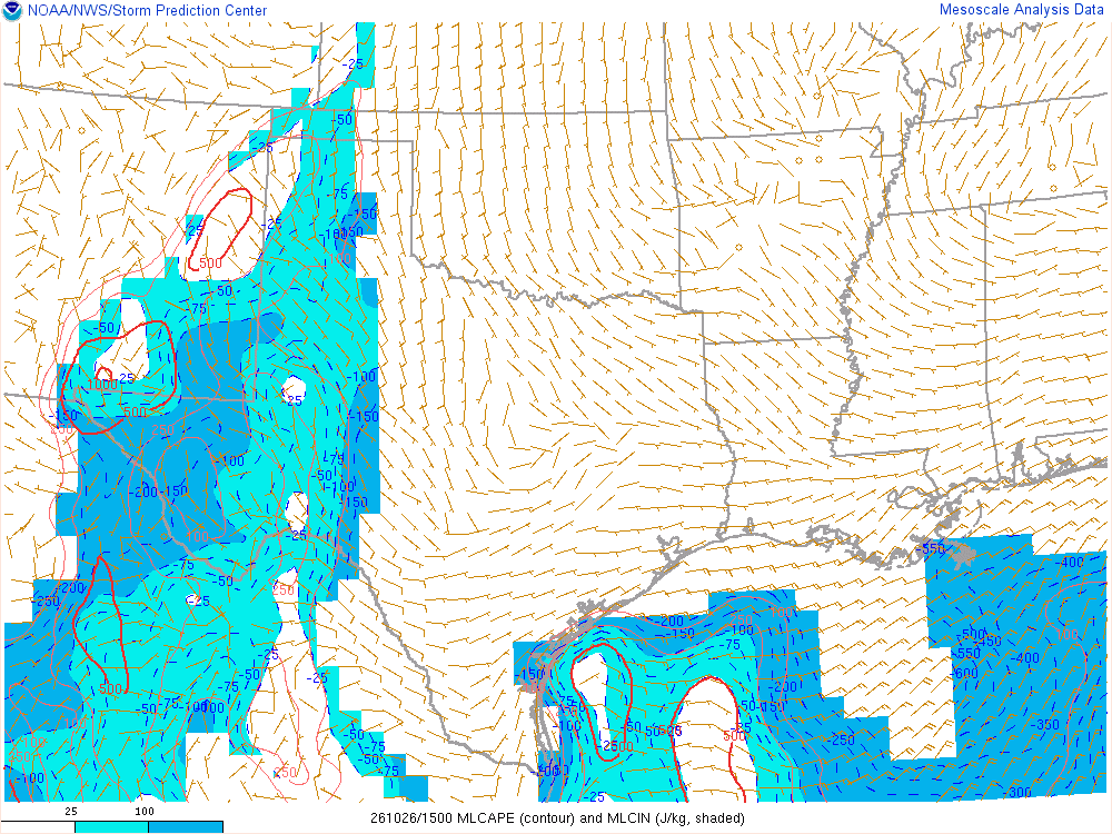 SPC mesoanalysis map, Mixed-layer CAPE and CIN, Southern Plains region, analysis for 15Z. Its key and units are in SPC’s picture; what it shows is described beside it.