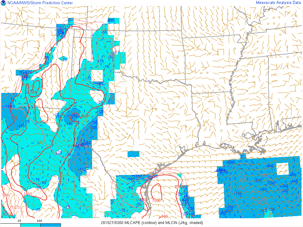 SPC mesoanalysis map, Mixed-layer CAPE and CIN, Southern Plains region, analysis for 03Z. Its key and units are in SPC’s picture; what it shows is described beside it.
