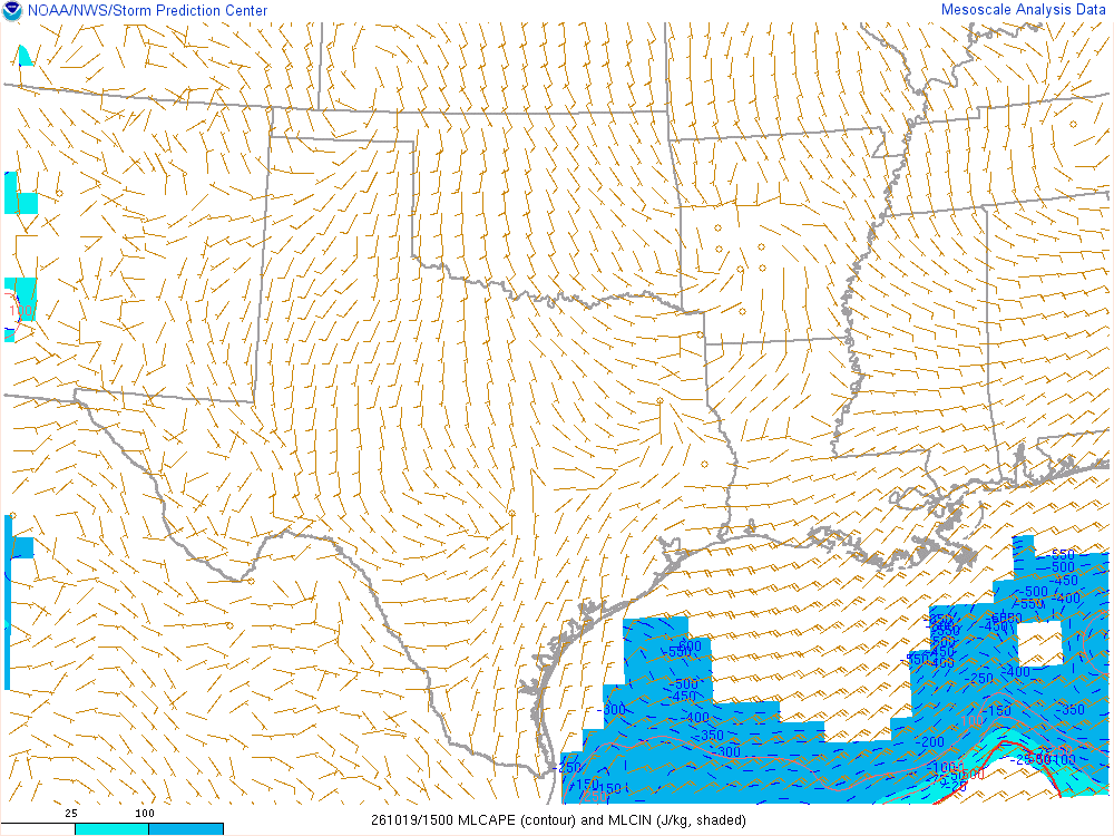SPC mesoanalysis map, Mixed-layer CAPE and CIN, Southern Plains region, analysis for 15Z. Its key and units are in SPC’s picture; what it shows is described beside it.