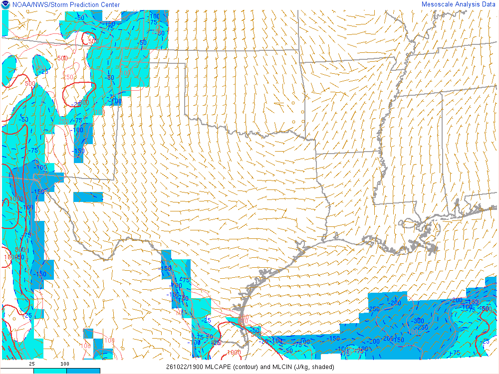 SPC mesoanalysis map, Mixed-layer CAPE and CIN, Southern Plains region, analysis for 19Z. Its key and units are in SPC’s picture; what it shows is described beside it.