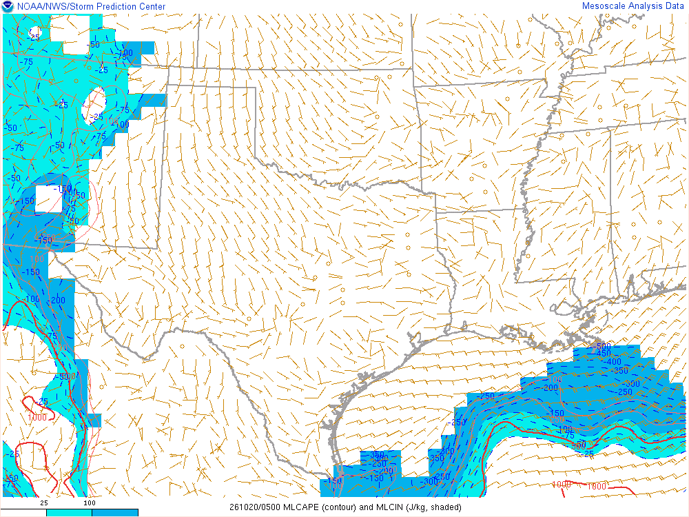 SPC mesoanalysis map, Mixed-layer CAPE and CIN, Southern Plains region, analysis for 05Z. Its key and units are in SPC’s picture; what it shows is described beside it.