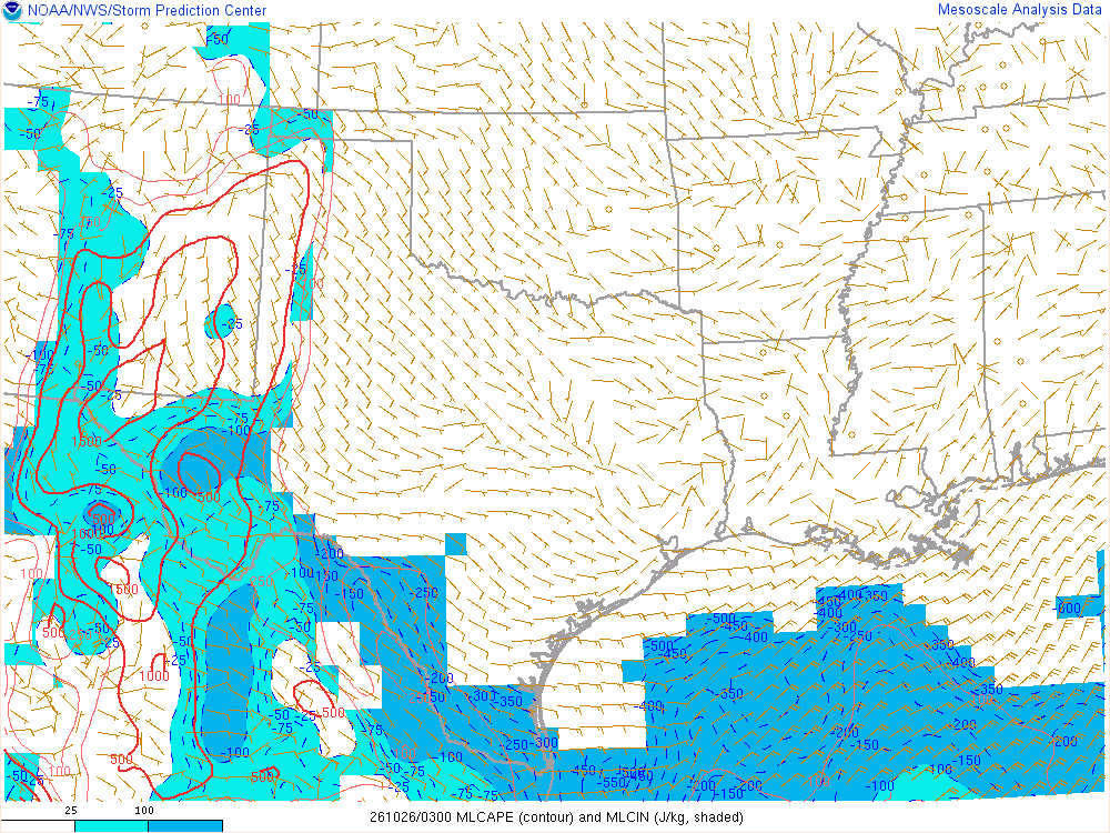 SPC mesoanalysis map, Mixed-layer CAPE and CIN, Southern Plains region, analysis for 03Z. Its key and units are in SPC’s picture; what it shows is described beside it.