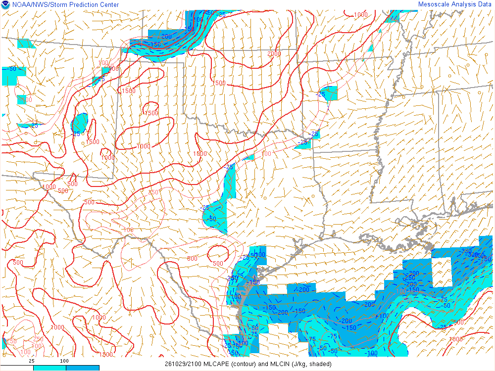 SPC mesoanalysis map, Mixed-layer CAPE and CIN, Southern Plains region, analysis for 21Z. Its key and units are in SPC’s picture; what it shows is described beside it.