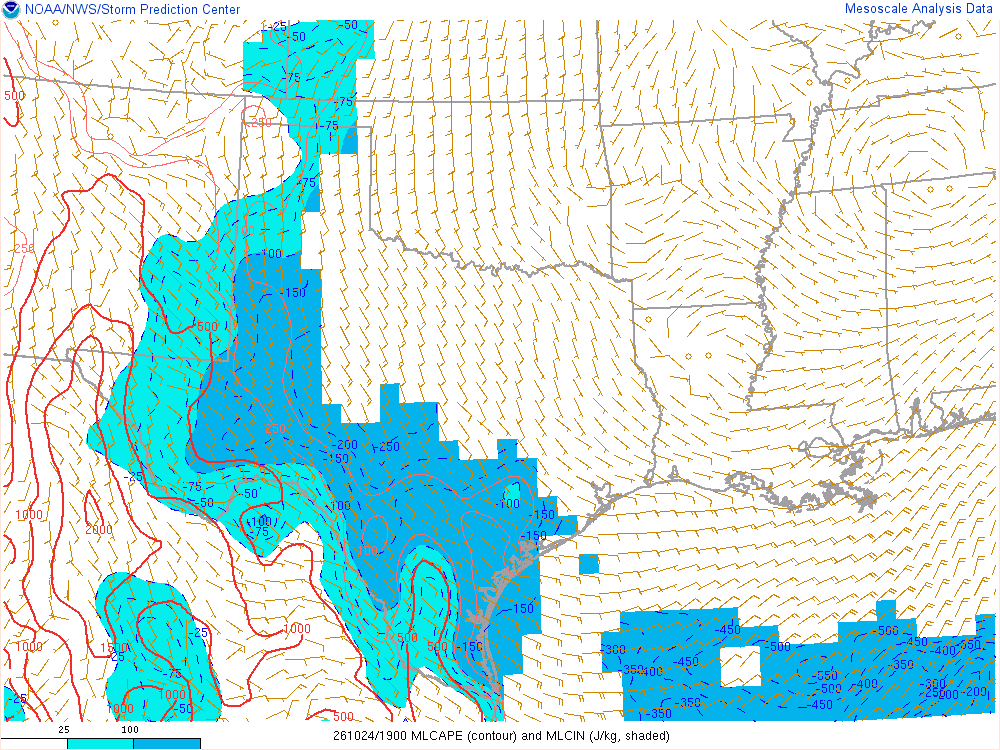 SPC mesoanalysis map, Mixed-layer CAPE and CIN, Southern Plains region, analysis for 19Z. Its key and units are in SPC’s picture; what it shows is described beside it.
